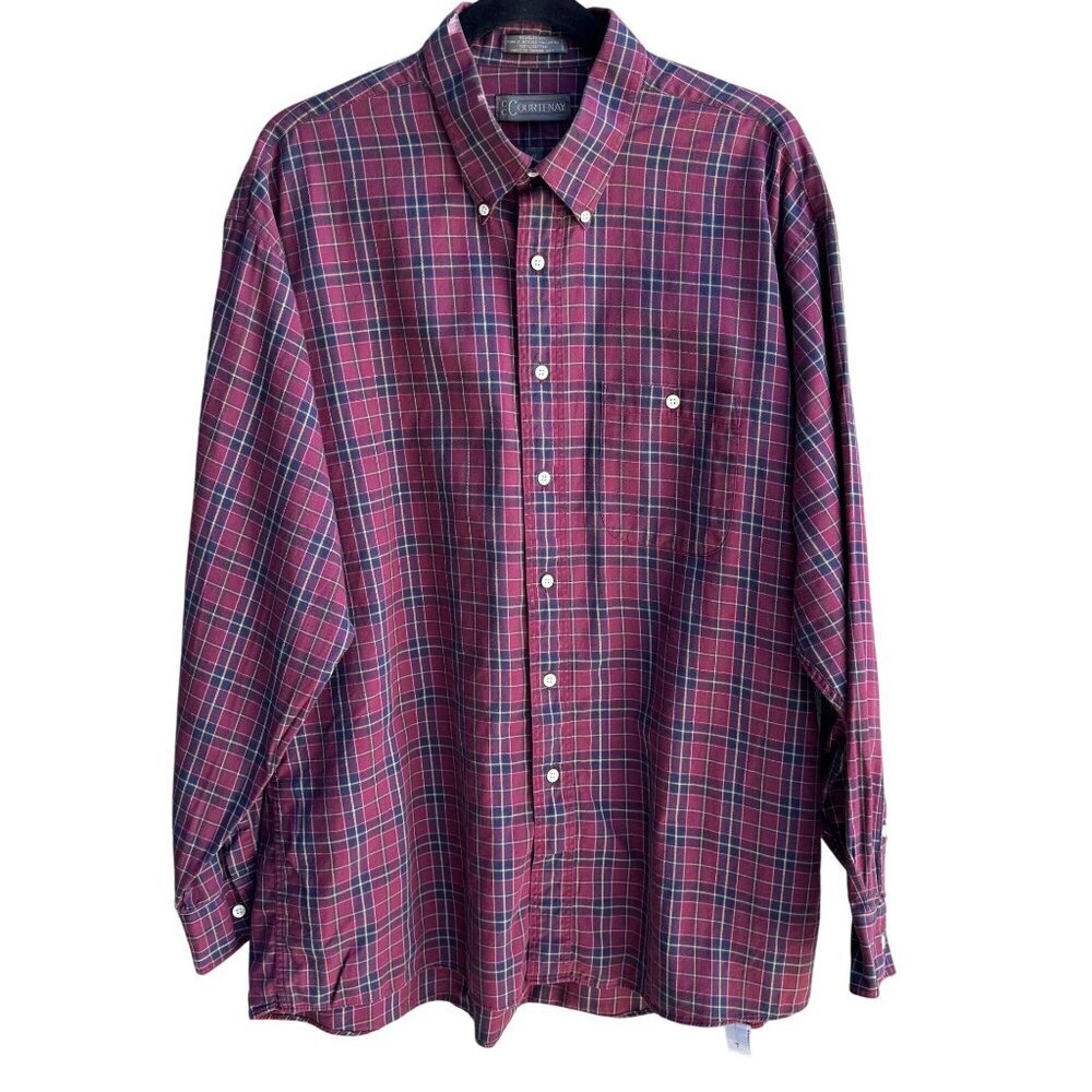 CC Courtenay Vintage Mens Red Plaid Grunge‎ Long Sleeve Cotton Button-Down Shirt